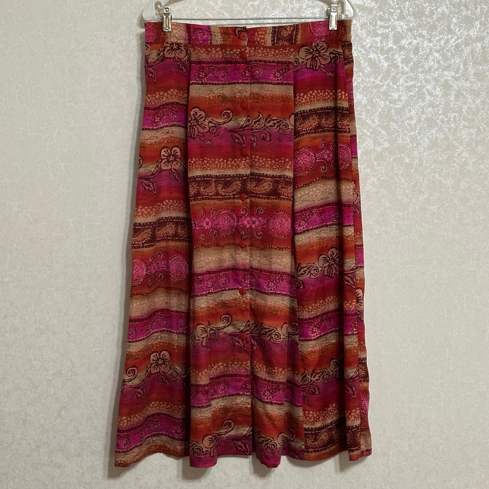Anna & Frank VTG 100% Silk‎ Button Front Midi Skirt Pink Orange Paisley Floral L